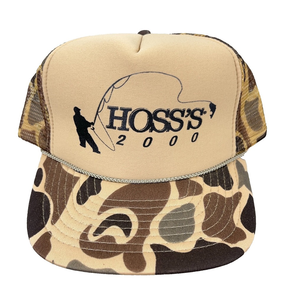 Vintage Fly Fishing Trucker Hat Cap SnapBack Brown Tan Bubble Camo Y2K Hoss's